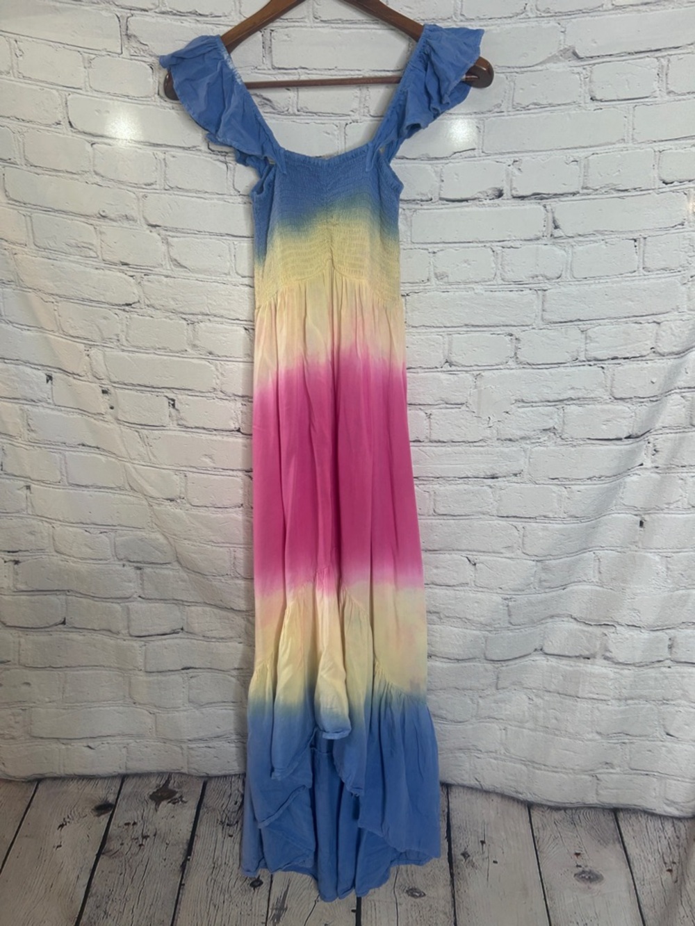 Area Stars Blue Pink Yellow Tie-Dye Ombre Smocked Bodice High Low Maxi Dress
